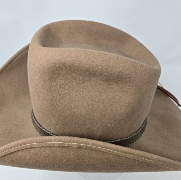 VINTAGE GEO. W BOLLMAN TAN WOOL COWBOY HAT LEATHER FEATHERS WESTERN WOMEN OS 80s - Picture 13 of 15